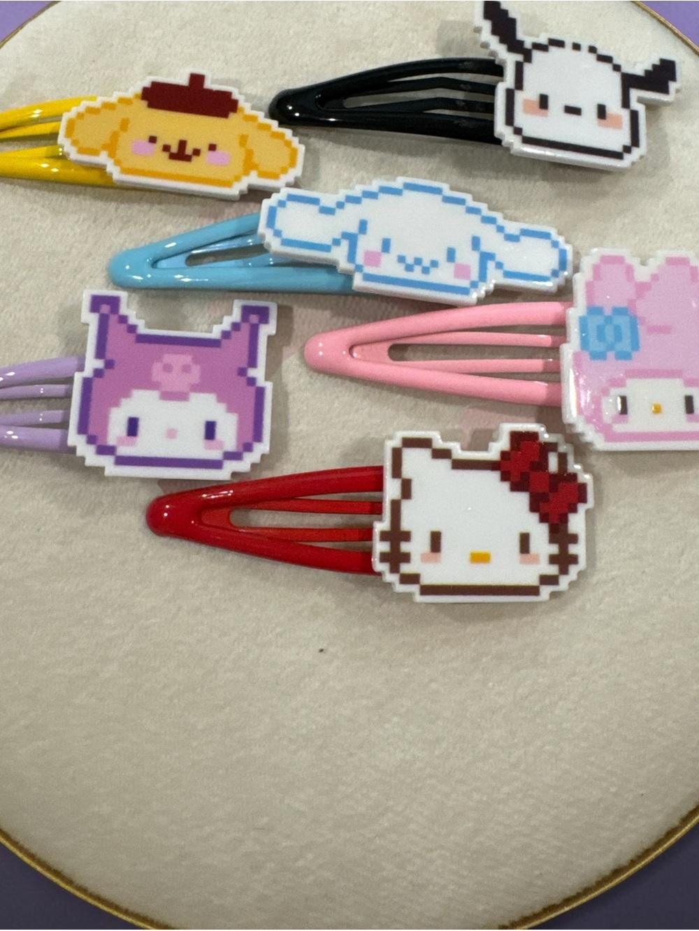 Sanrio Pixel Character Snap Clips - Red, Pink, Blue, Yellow, Purple, Black